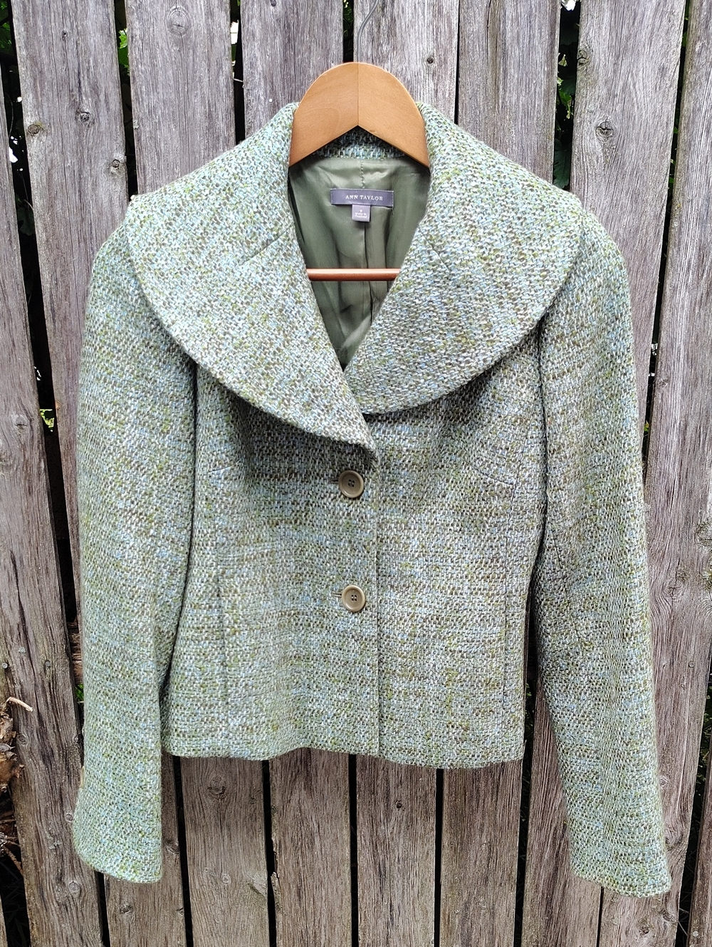 Ann Taylor Sage Green Tweed Wide Collar Jacket